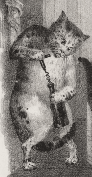 Engraving of a cat opening a bottle of wine